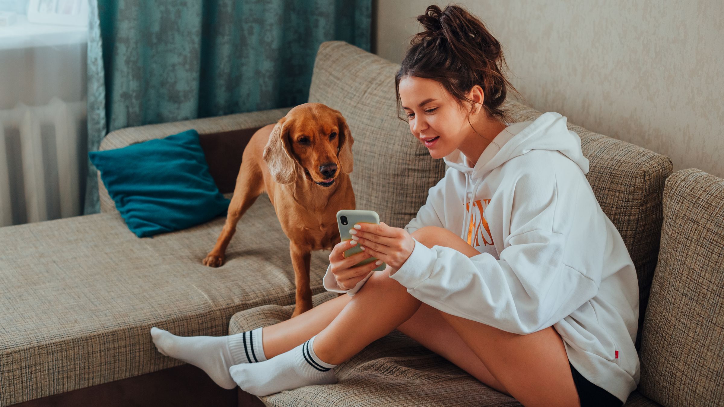Ragazza seduta sul divano con il cane accanto mentre controlla lo smartphone